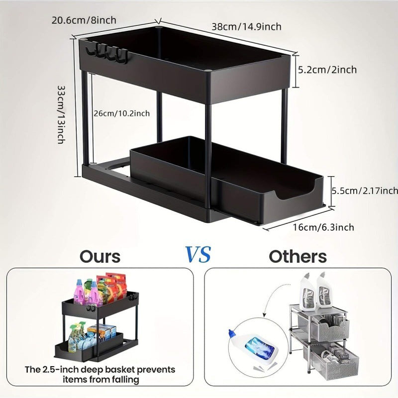 Organizador debajo del fregadero con cajones deslizantes dobles, estante de organización de cocina con ganchos, almacenamiento multiusos para baño y cocina