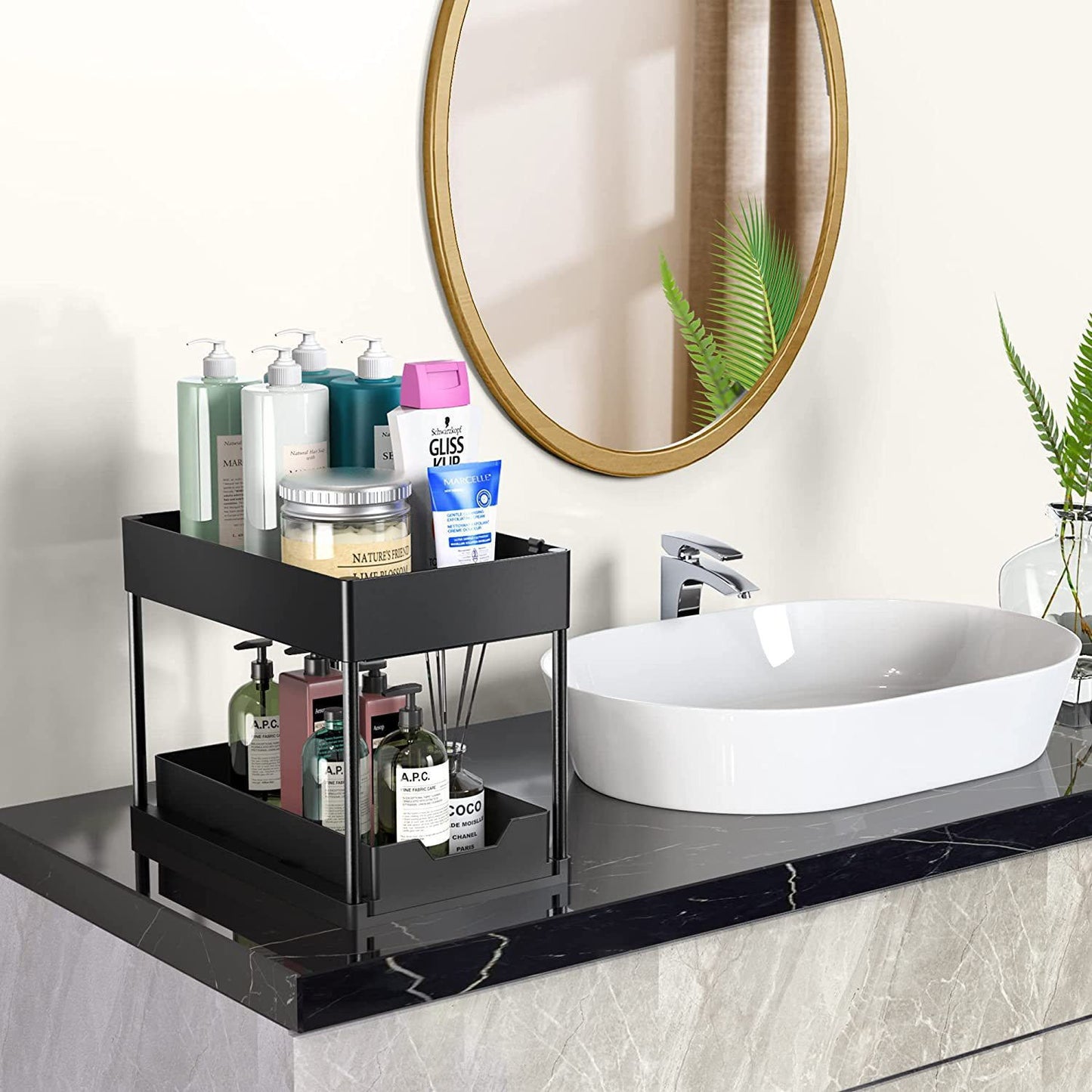 Organizador debajo del fregadero con cajones deslizantes dobles, estante de organización de cocina con ganchos, almacenamiento multiusos para baño y cocina