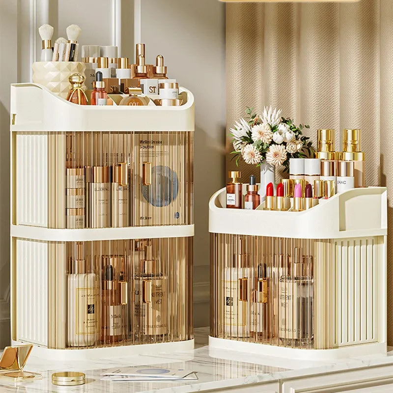 Organizador de maquillaje a prueba de polvo, almacenamiento de pintalabios de lujo, doble puerta, varios pisos, organización de baño de cosméticos transparente
