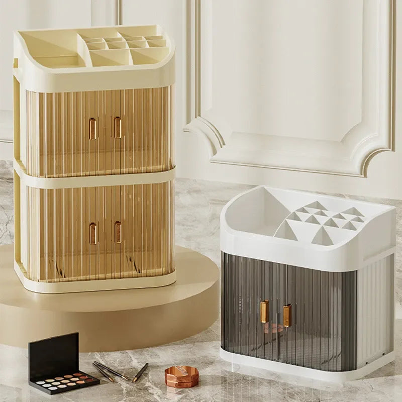 Organizador de maquillaje a prueba de polvo, almacenamiento de pintalabios de lujo, doble puerta, varios pisos, organización de baño de cosméticos transparente