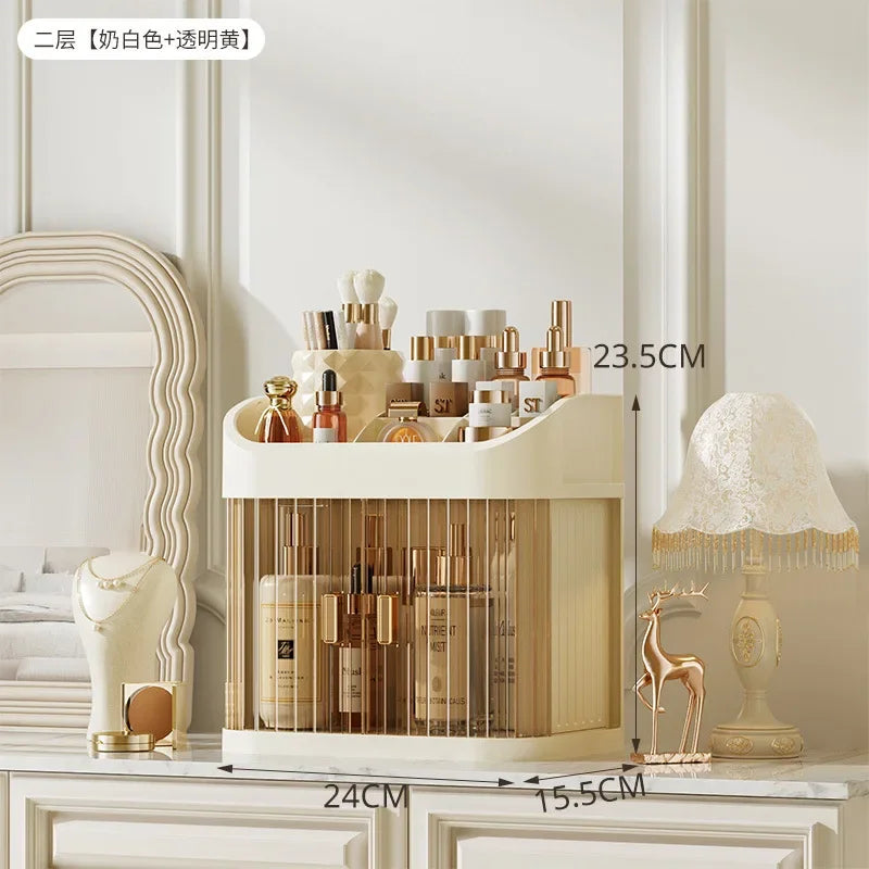 Organizador de maquillaje a prueba de polvo, almacenamiento de pintalabios de lujo, doble puerta, varios pisos, organización de baño de cosméticos transparente
