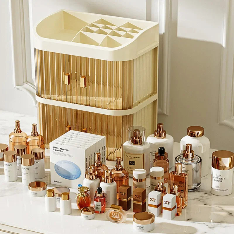 Organizador de maquillaje a prueba de polvo, almacenamiento de pintalabios de lujo, doble puerta, varios pisos, organización de baño de cosméticos transparente