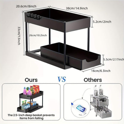 Organizador debajo del fregadero con cajones deslizantes dobles, estante de organización de cocina con ganchos, almacenamiento multiusos para baño y cocina