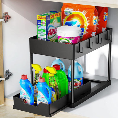 Organizador debajo del fregadero con cajones deslizantes dobles, estante de organización de cocina con ganchos, almacenamiento multiusos para baño y cocina