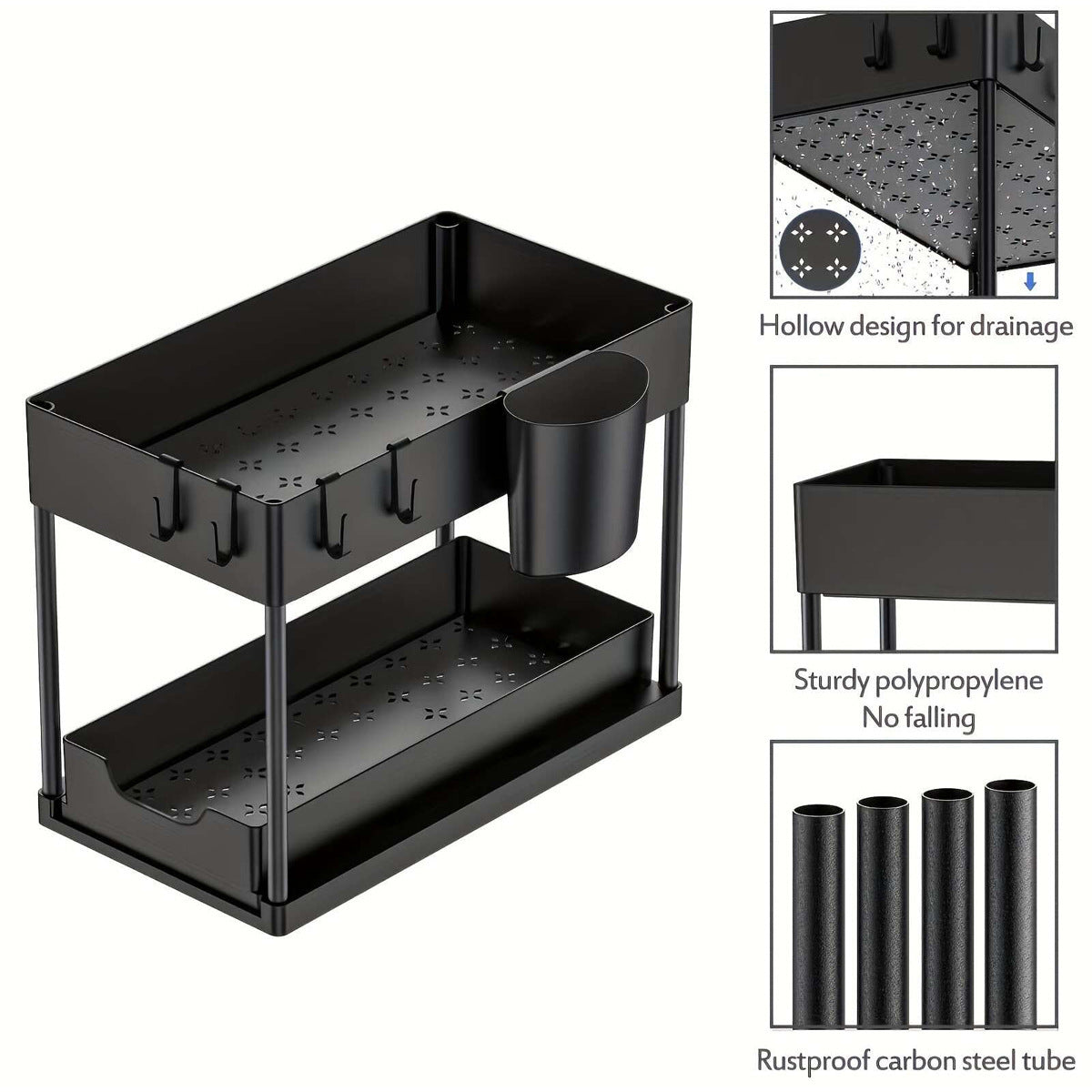 Organizador debajo del fregadero con cajones deslizantes dobles, estante de organización de cocina con ganchos, almacenamiento multiusos para baño y cocina