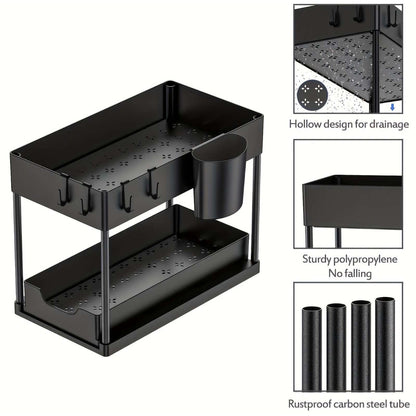 Organizador debajo del fregadero con cajones deslizantes dobles, estante de organización de cocina con ganchos, almacenamiento multiusos para baño y cocina