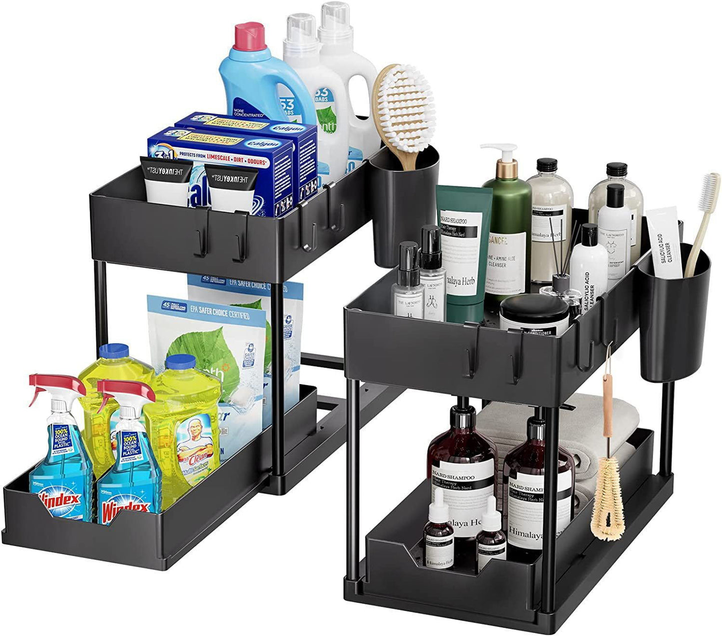 Organizador debajo del fregadero con cajones deslizantes dobles, estante de organización de cocina con ganchos, almacenamiento multiusos para baño y cocina