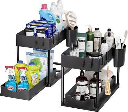 Organizador debajo del fregadero con cajones deslizantes dobles, estante de organización de cocina con ganchos, almacenamiento multiusos para baño y cocina