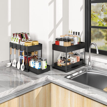 Organizador debajo del fregadero con cajones deslizantes dobles, estante de organización de cocina con ganchos, almacenamiento multiusos para baño y cocina