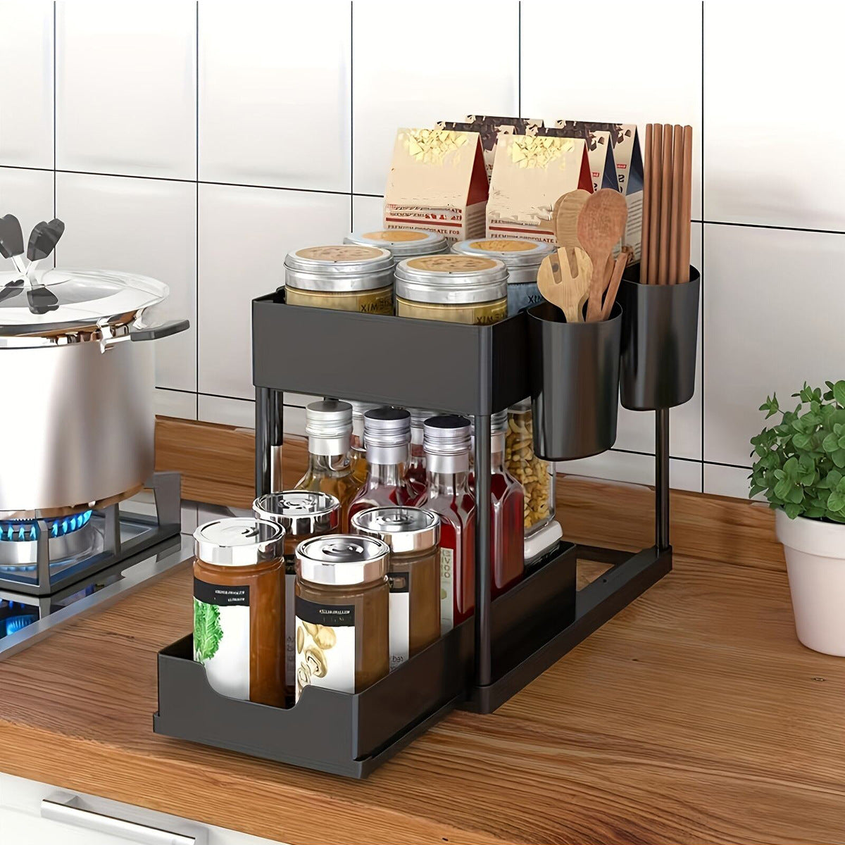 Organizador debajo del fregadero con cajones deslizantes dobles, estante de organización de cocina con ganchos, almacenamiento multiusos para baño y cocina
