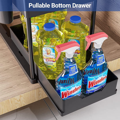 Organizador debajo del fregadero con cajones deslizantes dobles, estante de organización de cocina con ganchos, almacenamiento multiusos para baño y cocina