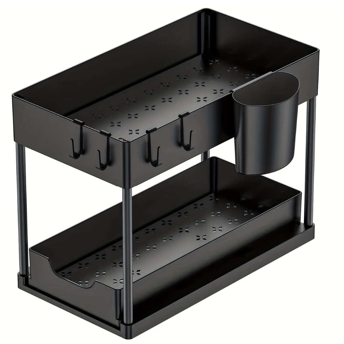 Organizador debajo del fregadero con cajones deslizantes dobles, estante de organización de cocina con ganchos, almacenamiento multiusos para baño y cocina