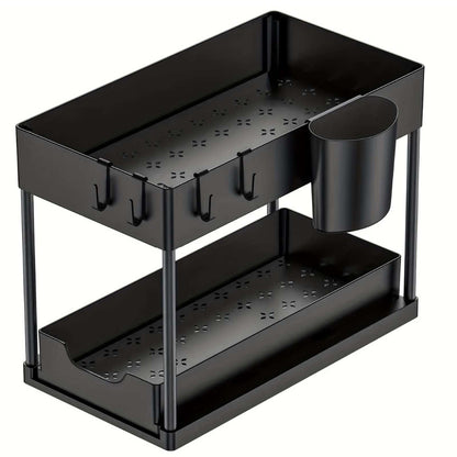 Organizador debajo del fregadero con cajones deslizantes dobles, estante de organización de cocina con ganchos, almacenamiento multiusos para baño y cocina