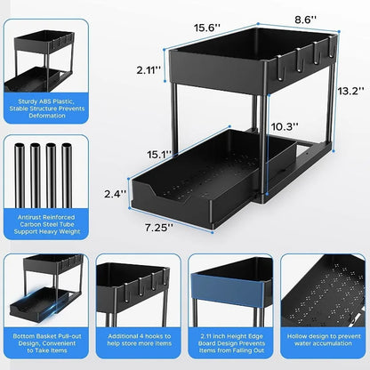 Organizador debajo del fregadero con cajones deslizantes dobles, estante de organización de cocina con ganchos, almacenamiento multiusos para baño y cocina