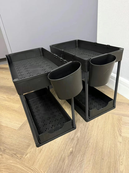 Organizador debajo del fregadero con cajones deslizantes dobles, estante de organización de cocina con ganchos, almacenamiento multiusos para baño y cocina