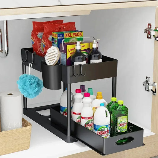 Organizador debajo del fregadero con cajones deslizantes dobles, estante de organización de cocina con ganchos, almacenamiento multiusos para baño y cocina