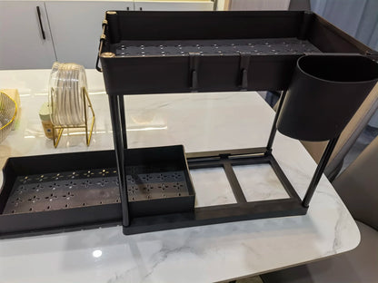 Organizador debajo del fregadero con cajones deslizantes dobles, estante de organización de cocina con ganchos, almacenamiento multiusos para baño y cocina