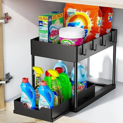 Organizador debajo del fregadero con cajones deslizantes dobles, estante de organización de cocina con ganchos, almacenamiento multiusos para baño y cocina
