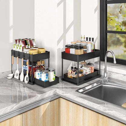 Organizador debajo del fregadero con cajones deslizantes dobles, estante de organización de cocina con ganchos, almacenamiento multiusos para baño y cocina