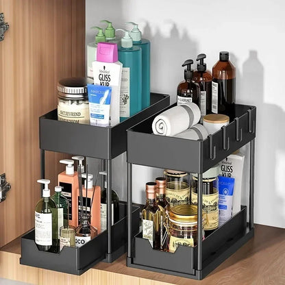 Organizador debajo del fregadero con cajones deslizantes dobles, estante de organización de cocina con ganchos, almacenamiento multiusos para baño y cocina