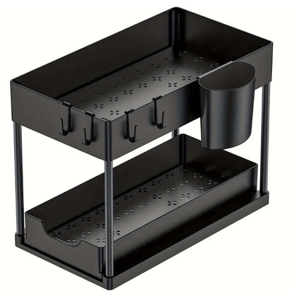 Organizador debajo del fregadero con cajones deslizantes dobles, estante de organización de cocina con ganchos, almacenamiento multiusos para baño y cocina