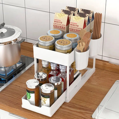 Organizador debajo del fregadero con cajones deslizantes dobles, estante de organización de cocina con ganchos, almacenamiento multiusos para baño y cocina