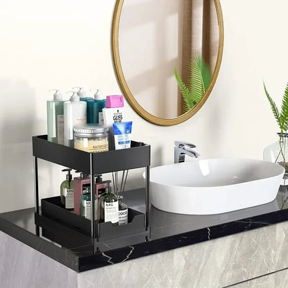 Organizador debajo del fregadero con cajones deslizantes dobles, estante de organización de cocina con ganchos, almacenamiento multiusos para baño y cocina